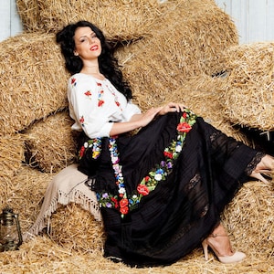 Black Embroidered Skirt: Boho Festival Outfit, Button Down Design