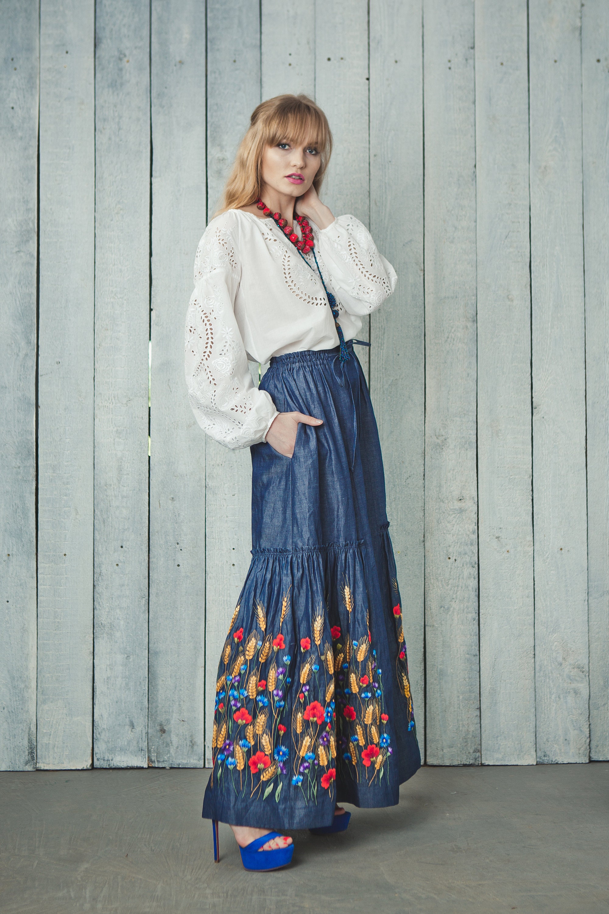 Embroidered skirt denim maxi skirt floor length maxi skirt Etsy