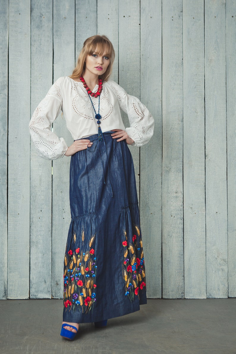 Embroidered skirt denim maxi skirt floor length maxi skirt gray skirt blue skirt in boho maxi pleated skirt blue boho skirt women skirt