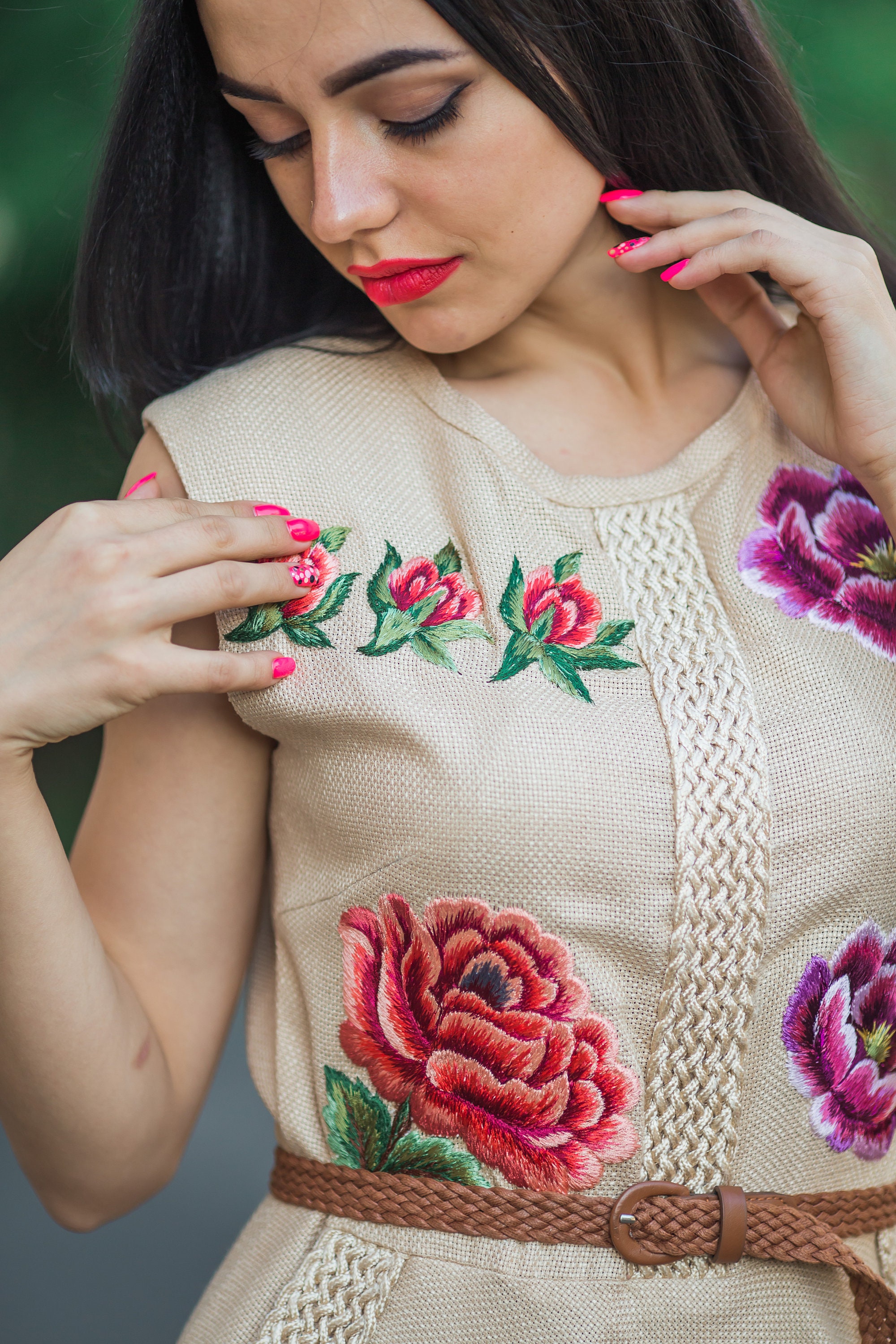 Artisanal Embroidered Dress 50% Cotton, 50% Polyester Fuchsia  601961