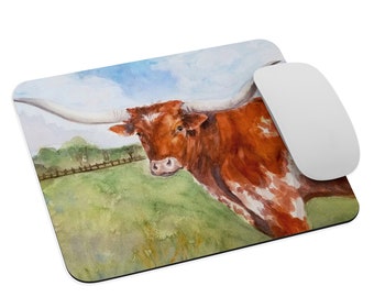 Longhorn Printed Mouse pad, Texas Art, Tech Art, Watercolor Art Print, Home Office, Home Decor, Austin, Orange, Tech Accessory