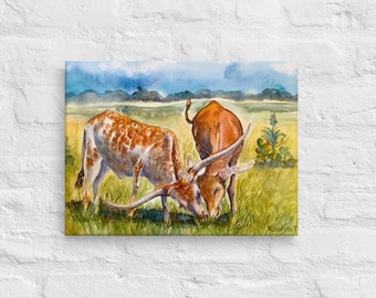 Two Texas Longhorns Grazing Together Printed On Thin canvas- Country Art, Farm House, Texas, Austin, Office Decor, Gift, Watercolor,UT Texas