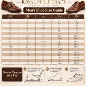 Può includere: Una guida alle taglie di scarpe Royal Pelle Craft con mocassini e oxford in pelle marrone in alto. La tabella mostra le misure US, UK, EU, CM e IN. In basso, un grafico in tre passaggi illustra come misurare un piede.