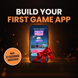 May include: A smartphone displaying the Pika's Peak game app interface with a red ribbon tied around the bottom. The screen shows game menus and the text BUILD YOUR FIRST GAME APP at the top, with a circular orange badge stating NO CODING NEEDED.