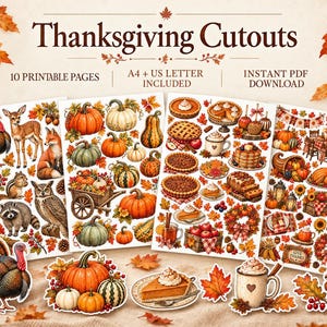 Könnte beinhalten: Ein Set ausdruckbarer Thanksgiving-Ausschnitte mit Illustrationen von Truthähnen, Hirschen, Füchsen, Eichhörnchen, Kürbissen, Kuchen und Herbstlaub. Der Text lautet Thanksgiving Cutouts, 10 Printable Pages, A4 + US Letter Included, Instant PDF Download.