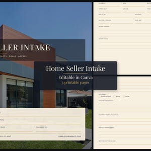 Può includere: Un modello digitale di modulo di acquisizione per venditori di case con tre pagine stampabili, sfondo color crema e testo scuro. Il design include campi per i dati della proprietà, gli obiettivi e le informazioni sull'accesso.