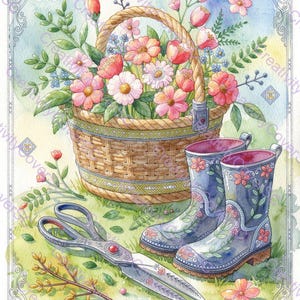 Puede incluir: Una ilustración en acuarela que muestra una cesta tejida llena de flores rosas y naranjas, un par de botas de lluvia azules con estampado floral y unas tijeras de jardín de metal con un detalle rojo sobre un fondo verde suave.