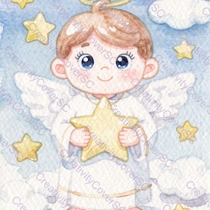 Puede incluir: Una ilustración en acuarela de un ángel querubín con cabello castaño, ojos azules y un halo dorado, vistiendo una túnica blanca con ribetes dorados. El ángel sostiene una gran estrella amarilla sobre un cielo azul con nubes y estrellas.