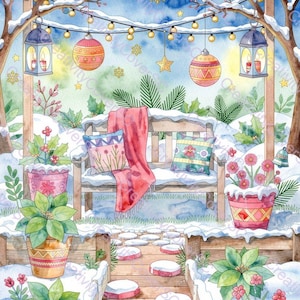 Puede incluir: Una ilustración en acuarela de un banco de madera cubierto de nieve, con una manta roja y dos cojines estampados. La escena incluye linternas colgantes, luces de cadena, flores de pascua en macetas y un camino de madera bajo el cielo.