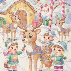 Puede incluir: Una ilustración en acuarela que muestra a tres niños con ropa de invierno interactuando con tres renos en un paisaje nevado. La escena incluye una pequeña casa de madera, bastones de caramelo, cajas de regalo y una cesta con huevos de colores.