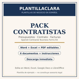 Può includere: Un kit di moduli aziendali digitali intitolato PLANTILLACLARA PACK CONTRATISTAS. Il testo include Presupuestos, Contrato, Facturas, Spanish Contractor Business Forms Kit, Word + Excel + PDF editables, 6 documentos + instrucciones e Descarga inmediata.