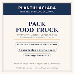 以下が含まれることがあります： PACK FOOD TRUCKというタイトルのデジタルビジネステンプレートキット。Inventario、Costos、Ventas diarias、Spanish Food Truck Business Forms Kit、Excel con fórmulas、Word、PDF、5 documentos、instrucciones、Descarga inmediataというテキストが含まれています。