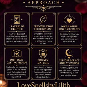 May include: A dark informational graphic titled The LoveSpellsbyLilith Approach with gold text and icons. It outlines six service pillars including 18 years of practice, personal work, love magic, casting photos, privacy, and ongoing support, ending with LoveSpellsbyLilith.