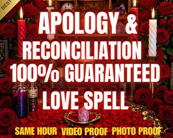 Könnte beinhalten: Ein Arrangement aus roten Rosen, drei brennenden Kerzen und Glasflaschen. Der Text lautet: APOLOGY & RECONCILIATION 100% GUARANTEED LOVE SPELL. Darunter steht: SAME HOUR VIDEO PROOF PHOTO PROOF. Ein goldenes Tablett ist mit roten Blütenblättern gefüllt.