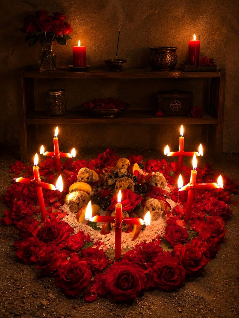 May include: A ritual arrangement featuring three red cross-shaped candles surrounded by red rose petals, scattered fruit, and small speckled stones. The scene is illuminated by the warm glow of the lit candles and set against a dark background.