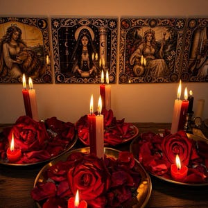 May include: Three gold-toned metal plates are arranged on a surface, each filled with red rose petals and lit candles. The candles include tall red and white tapers and small heart-shaped red votives. Behind them are four decorative wall tiles.
