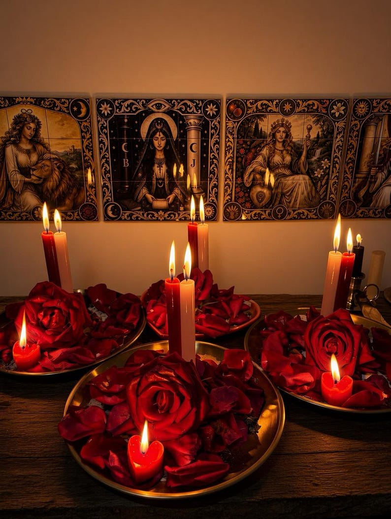 May include: Three gold-toned metal plates are arranged on a surface, each filled with red rose petals and lit candles. The candles include tall red and white tapers and small heart-shaped red votives. Behind them are four decorative wall tiles.