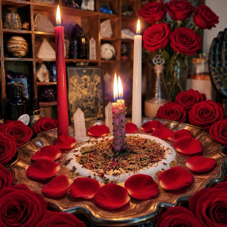 May include: A silver-toned metal tray holds a central pink candle adorned with dried herbs, flanked by a tall red candle and a white candle. Red rose petals are scattered across the tray, surrounded by fresh red roses and clear crystals.