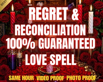 May include: A display featuring red roses, lit candles, and glass bottles with the text: REGRET & RECONCILIATION 100% GUARANTEED LOVE SPELL SAME HOUR VIDEO PROOF PHOTO PROOF. A gold tray holds red petals and a crystal, set against a wooden shelf background.