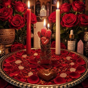 May include: A silver tray filled with red rose petals and small clear stones, featuring a central red candle wrapped in twine, flanked by a tall red candle and a tall white candle. A heart-shaped stone and a bottle labelled Love & Attraction Oil sit nearby.