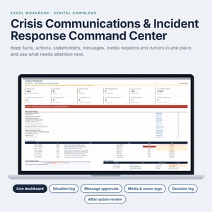 Könnte beinhalten: Eine digitale Excel-Arbeitsmappe mit dem Titel Crisis Communications & Incident Response Command Center. Der Bildschirm zeigt ein Vorfall-Dashboard mit Kennzahlen, Aufgaben und Fristen. Unter dem Laptop befinden sich fünf Schaltflächen: Live dashboard, Situation log, Message approvals, Media & rumor logs, Decision log und After-action review.