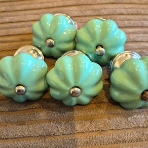 Set of 5 Sage Green Ceramic Pumpkin Drawer Knobs Cupboard Handles Cottagecore