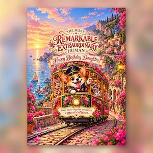 May include: A birthday greeting card featuring a corgi conductor on a floral-decorated tram. Text reads: THE MOST REMARKABLE EXTRAORDINARY HUMAN. Happy Birthday Daughter. Your next chapter deserves a grand entrance. Coastal background with sunset.