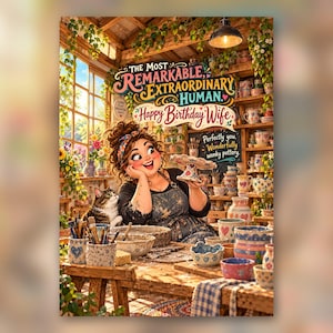 May include: A birthday greeting card illustration featuring a person in a pottery studio with a cat. Text reads: The Most Remarkable Extraordinary Human, Happy Birthday Wife, Perfectly you, Wonderfully wonky pottery. The scene includes ceramic bowls, mugs, and tools.