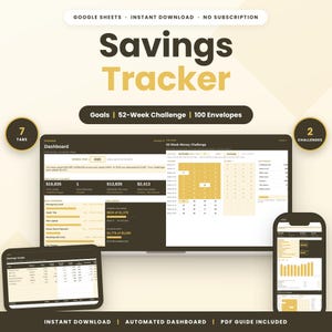 Puede incluir: Un rastreador de ahorros digital para Google Sheets con panel de control, desafío de 52 semanas y rastreador de 100 sobres. La interfaz muestra objetivos financieros, barras de progreso y gráficos en tonos marrón oscuro y dorado.