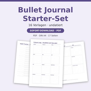 Könnte beinhalten: Ein digitales Bullet Journal Starter-Set mit 16 undatierten Vorlagen im PDF-Format. Das Dokument hat das Format DIN A4 und umfasst 17 Seiten. Der Text enthält Bullet Journal Starter-Set, 16 Vorlagen, undatiert, SOFORT-DOWNLOAD, PDF, DIN A4, 17 Seiten.
