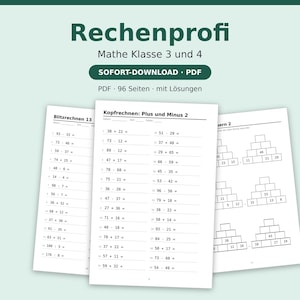 Könnte beinhalten: Ein digitales PDF-Dokument mit dem Titel Rechenprofi für Mathe Klasse 3 und 4, das 96 Seiten mit Rechenübungen enthält, darunter Blitzrechnen, Kopfrechnen mit Addition und Subtraktion sowie Zahlenpyramiden inklusive Lösungen.