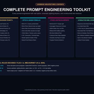 May include: A dark-themed infographic titled Complete Prompt Engineering Toolkit. It features four columns detailing categorized prompts, optics formulas, lighting blueprints, and web lookbook features, plus a comparison of FLUX.1, Midjourney v6, and SDXL.