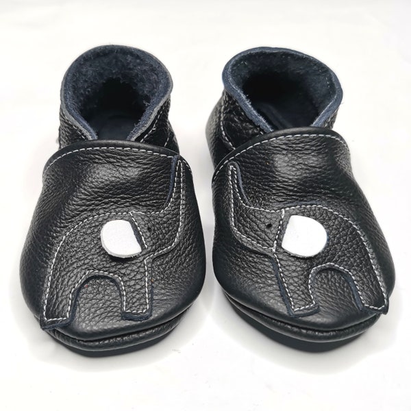 soft sole baby shoes infant handmade gift elephant black white 0-6m chaussons bebe cuir souple Krabbelschuhe Lederpuschen ebooba EL-35-B-T