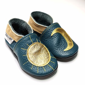 Blue Toddler Moccasins, Sun/Moon Baby Shoes, Leather Baby Shoes, Crib Baby Shoes, Walker Baby Shoes, Handmade, Blue Toddler Shoes, Ebooba, 8
