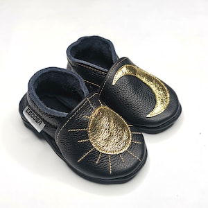Sun/Moon Kids Slippers, Leather Baby Shoes, Kids Moccasins, Soft Sole Baby Booties, Black Boys&#39; Shoes, Girls&#39; Shoes, Children Moccasins, 7