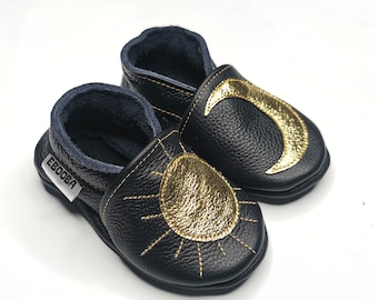 Sun/Moon Kids Slippers, Leather Baby Shoes, Kids Moccasins, Soft Sole Baby Booties, Black Boys' Shoes, Girls' Shoes, Children Moccasins, 7