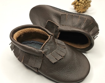 Dark Brown Toddler Moccasins, Toddler Shoes, Kids' Slippers, Soft Sole Baby Shoes, Leather Baby Shoes, Dark Brown Baby Moccasins, Ebooba, 8