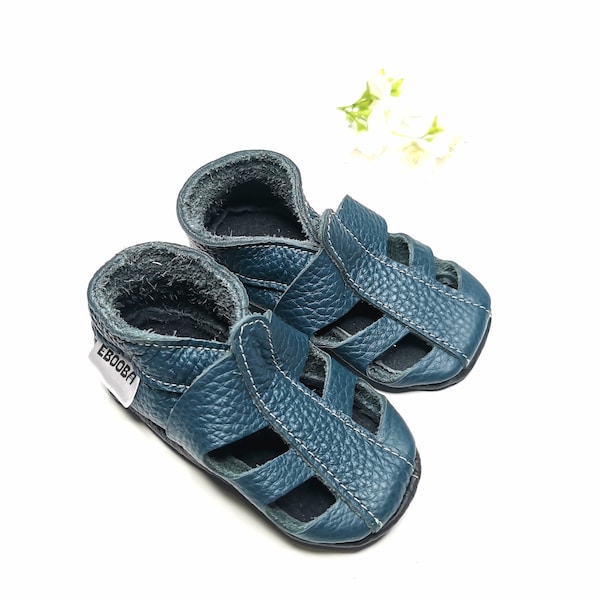 Dark Blue Baby Sandals, Boys' Booties, Leather Baby Sandals, Soft Sole Booties, Ebooba, Blue Booties, Toddler Slippers, Ebooba, 5