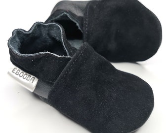 Black Baby Shoes Suede Leather Soft Sole, Ebooba, Baby Moccasins, Newborn Baby Moccasins, Toddler Booties, Soft sole shoes, Black boy shoes