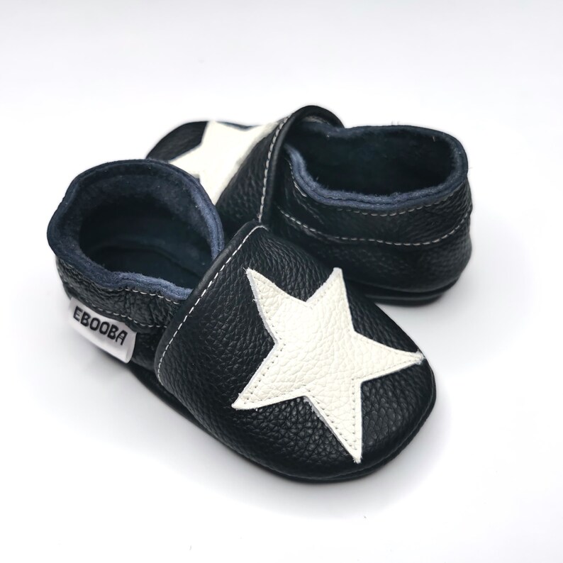 Stars Baby Shoes Leather Baby Shoes Black Baby Shoes Soft Etsy
