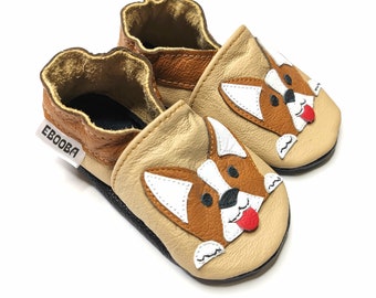 Cute Animals Baby Shoes, Dogs Booties, Leather Baby Slippers, Beige Brown Moccasins, Leather Toddler Shoes, Soft Sole Booties, Baby Gift, 6