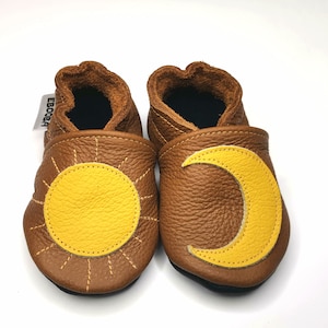 Gold Sun Baby Shoes, Leather Baby Shoes, Brown Baby Moccasins, Moon Baby Slippers, Soft Sole Shoes, Toddler Booties, Clouds Slippers, 2