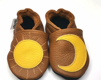Gold Sun Baby Shoes, Leather Baby Shoes, Brown Baby Moccasins, Moon Baby Slippers, Soft Sole Shoes, Toddler Booties, Clouds Slippers, 2
