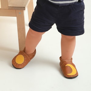 Baby Shoes with Sun, Leather Baby Shoes, Brown Leather Moccasins, Baby Booties with Moon, Soft Bottom Shoes, Toddler Booties, Soft Slippers
