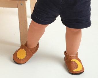 Baby Shoes with Sun, Leather Baby Shoes, Brown Leather Moccasins, Baby Booties with Moon, Soft Bottom Shoes, Toddler Booties, Soft Slippers