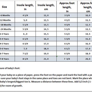 May include: A chart showing baby shoe sizes in inches and centimeters. The chart includes the size, insole length in inches, insole length in centimeters, approximate foot length in inches, and approximate foot length in centimeters. The chart is for babies from 0-6 months to 7-8 years old.