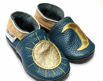 Blue&Gold Baby Shoes, Leather Baby Shoes, Sun Baby Moccasins, Moon Baby Slippers, Soft Sole Baby Shoes, Kids' Shoes, Girls' Shoes, Moccs, 3