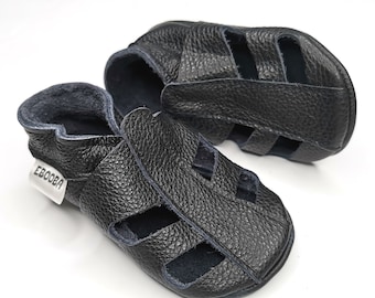 Black baby sandals soft soled / Genuine leather baby booties / Sizes newborn up to 48 months