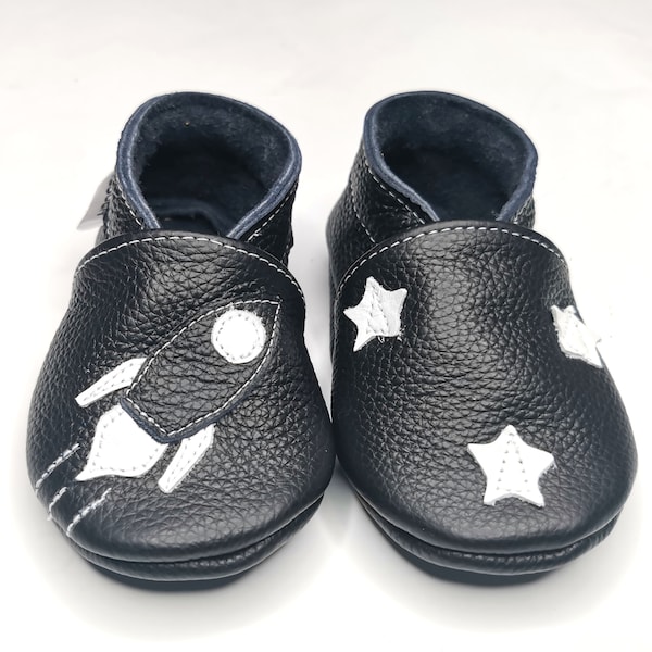 Rocket Baby Slippers, Leather Baby Shoes, Black Baby Shoes, Space Baby Shoes, Soft Sole Bootie, Baby Shoes, Baby Boy Shoes, Ebooba, 4