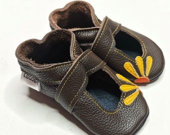 Flower on Baby Sandals, Dark Brown Baby Sandals, Kids' Booties, Soft Sole Baby Shoes, Leather Sandals, Walking Sandals, Gift, Ebooba, 1